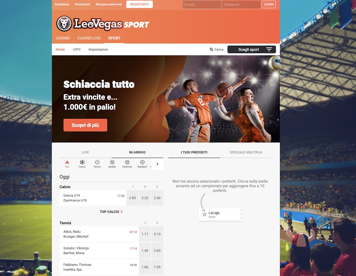 Schermata dell app Leovegas per scommesse sportive