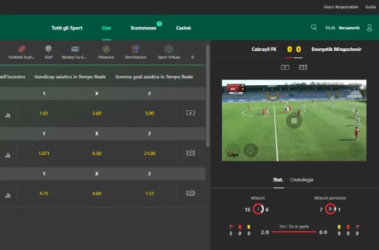 Schermata streaming live di bet365 su evento sportivo