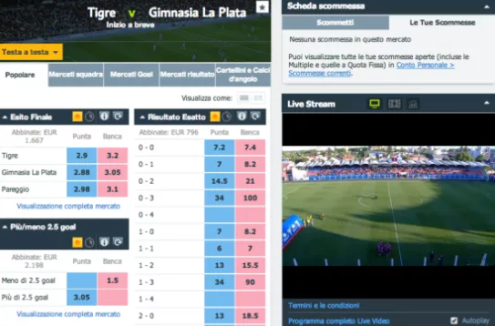 Schermata streaming live di Betfair su evento sportivo