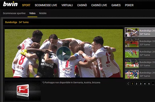 Schermata streaming live di Bwin su evento sportivo