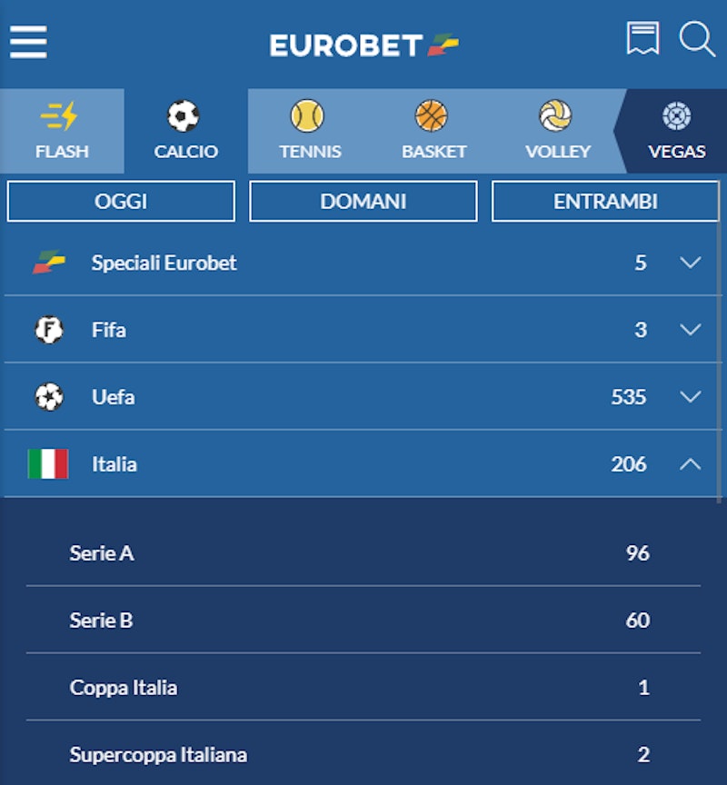 Interfaccia live di EuroBet scommesse